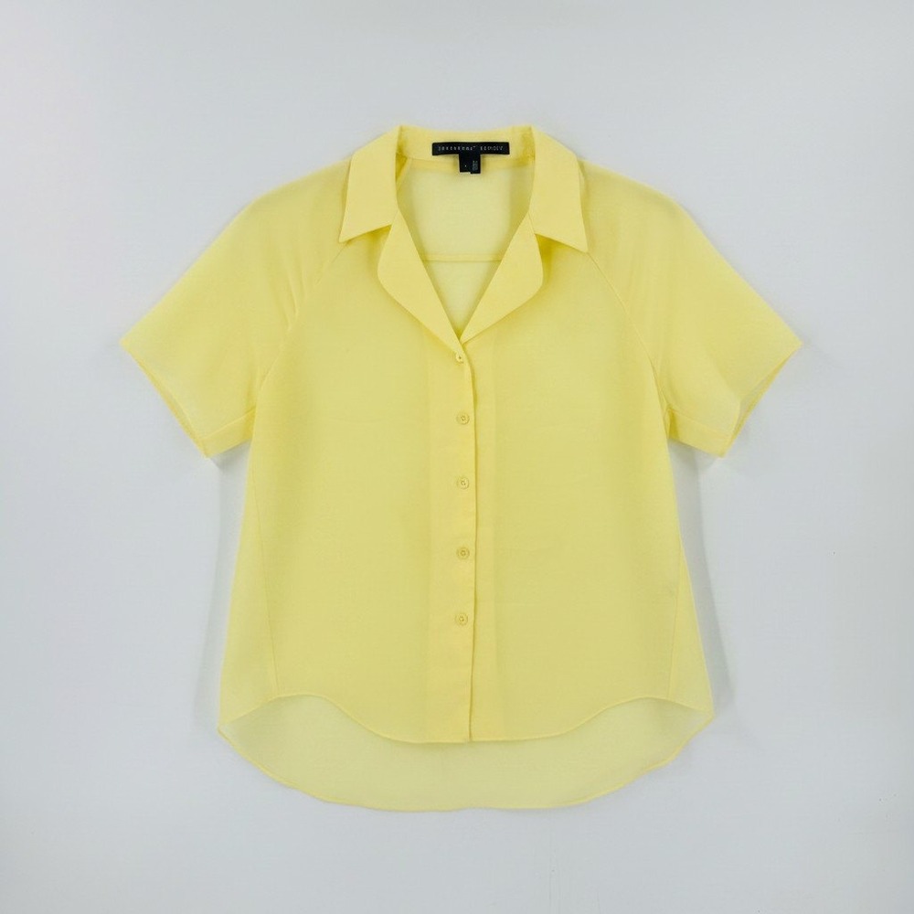 Theyskens' Theory Franky2 Sheer Button Front Collared Blouse Lemon Yellow Size P
